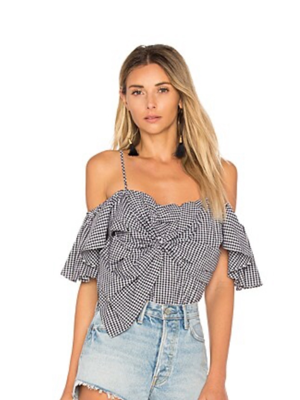 MISA Los Angeles Black and White Gingham Off-Shoulder Tie Front Top